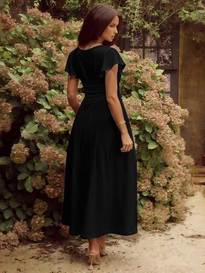 YUNDAI Women's Scoop Neck Flutter Sleeve Midi Dress with Pocket Elegant Flowy A Line Tie Back Dress