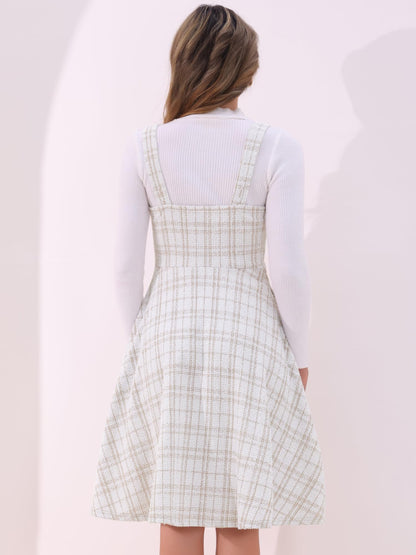 Allegra K Tweed Dress for Women Sleeveless Square Neck Plaid A-Line Pinafore Overall Dresses