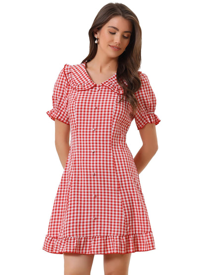 Allegra K Women's Gingham Checks Ruffled Peter Pan Collar Cute Mini Dress