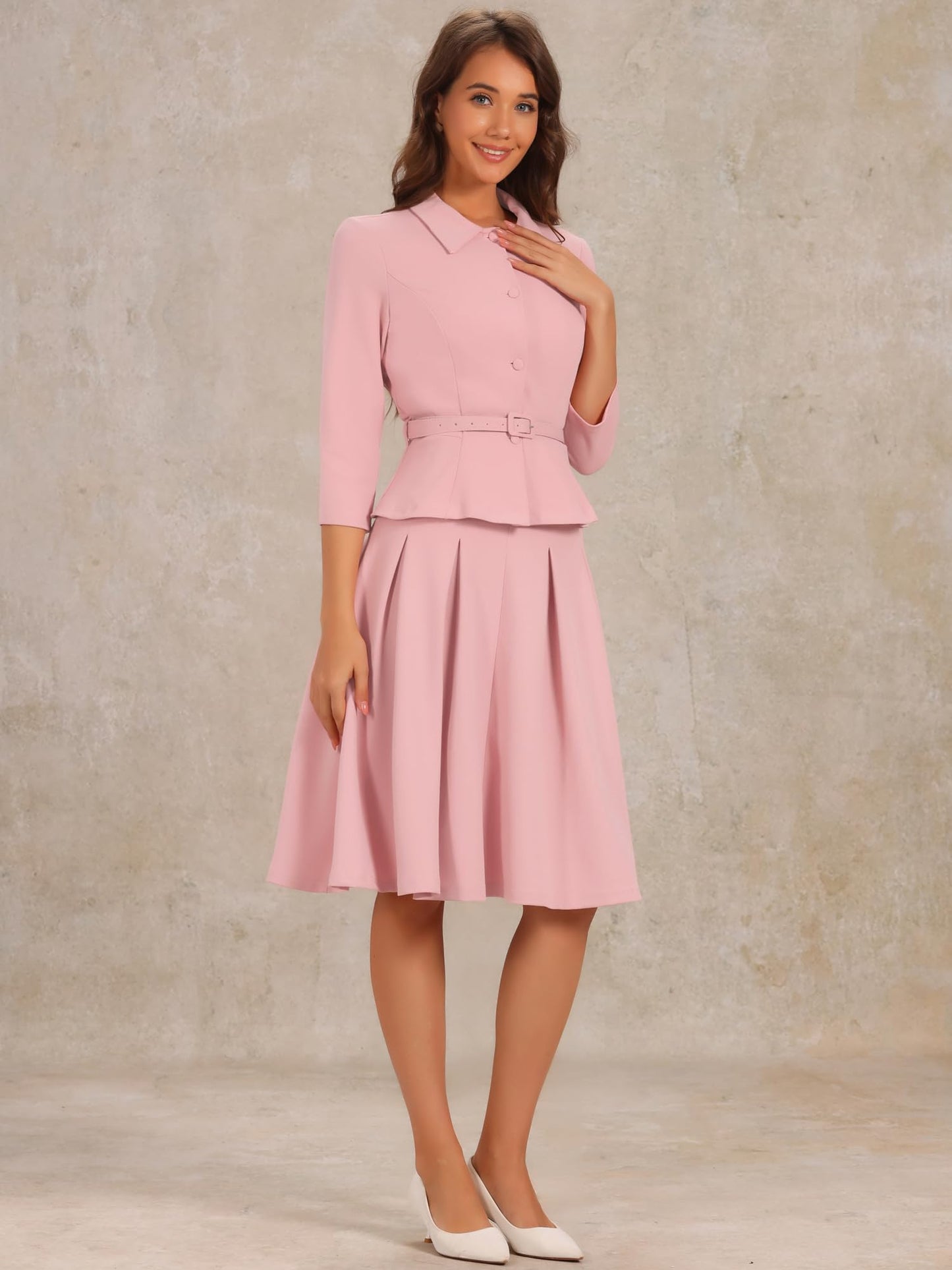 Allegra K Business Skirt Suit Sets for Women's 2 Piece Outfits Office 3/4 Sleeve Blazer Jacket Pleated Skirts