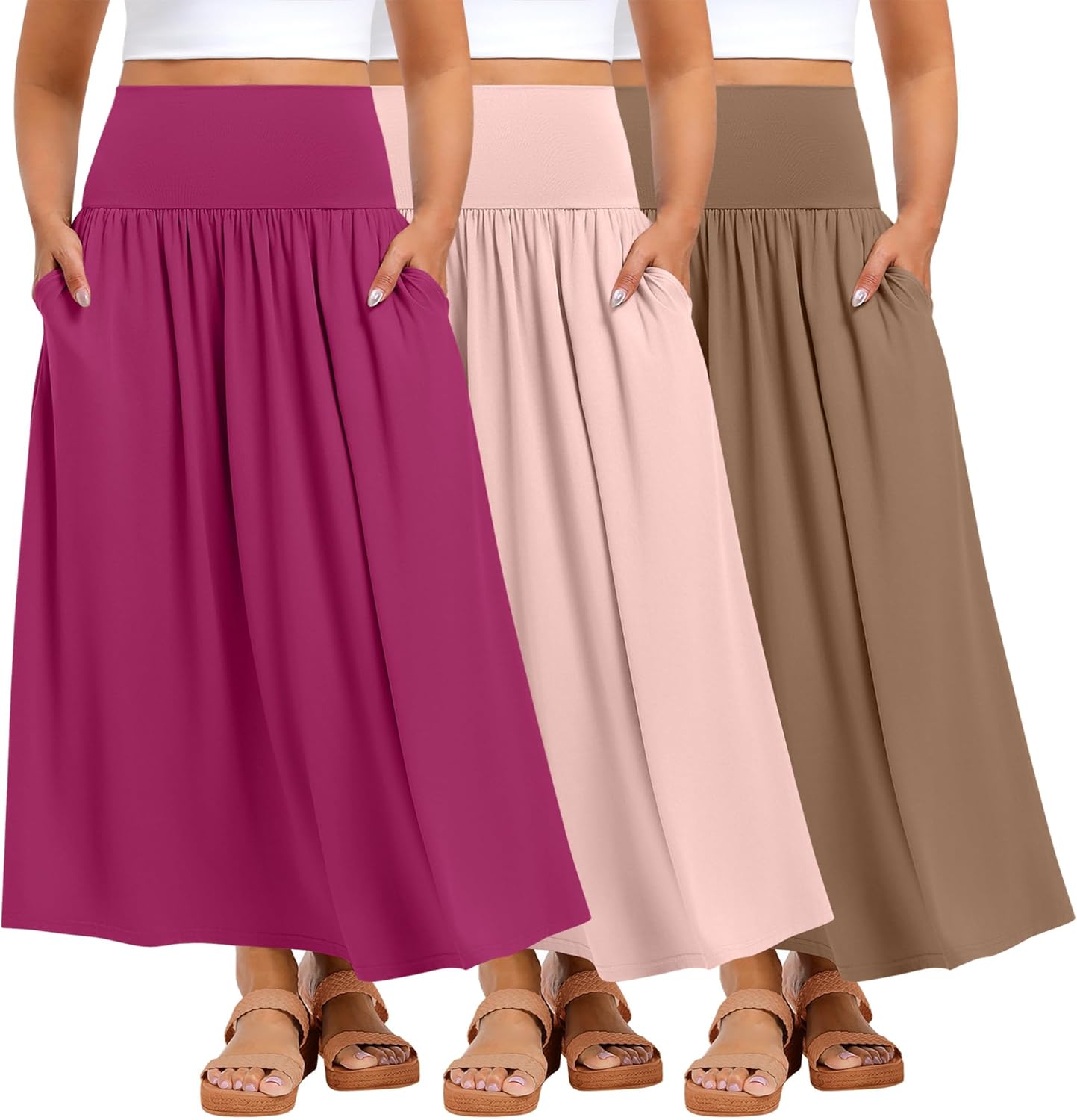 Ficerd 3 Pack Plus Size Maxi Skirts for Curvy Women Pockets Casual 2026 Boho Summer Flowy Long Skirt a Line High Waist Dress