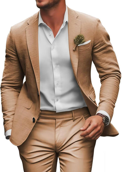 Retro Linen Mens Suit 2 Pieces Slim Fit Light Weight Beach Summer Wedding Tuxedo Set Jacket Blazer Pants for Men