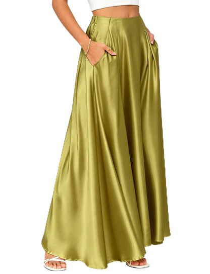 MAKABO Maxi Satin Skirts for Womens High Waisted Flowy Long A line Skirt Trendy for Office Holiday Party