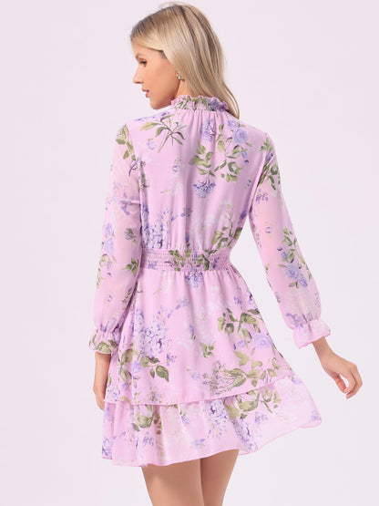 Allegra K Women's Floral Dress Chiffon Long Sleeve Mock Neck Ruffle Layered Smocked Mini Dresses