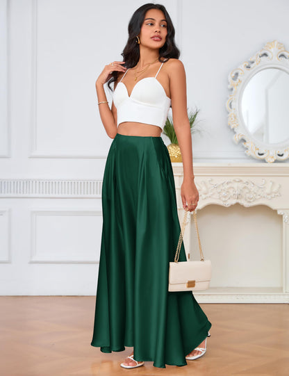 MAKABO Maxi Satin Skirts for Womens High Waisted Flowy Long A line Skirt Trendy for Office Holiday Party