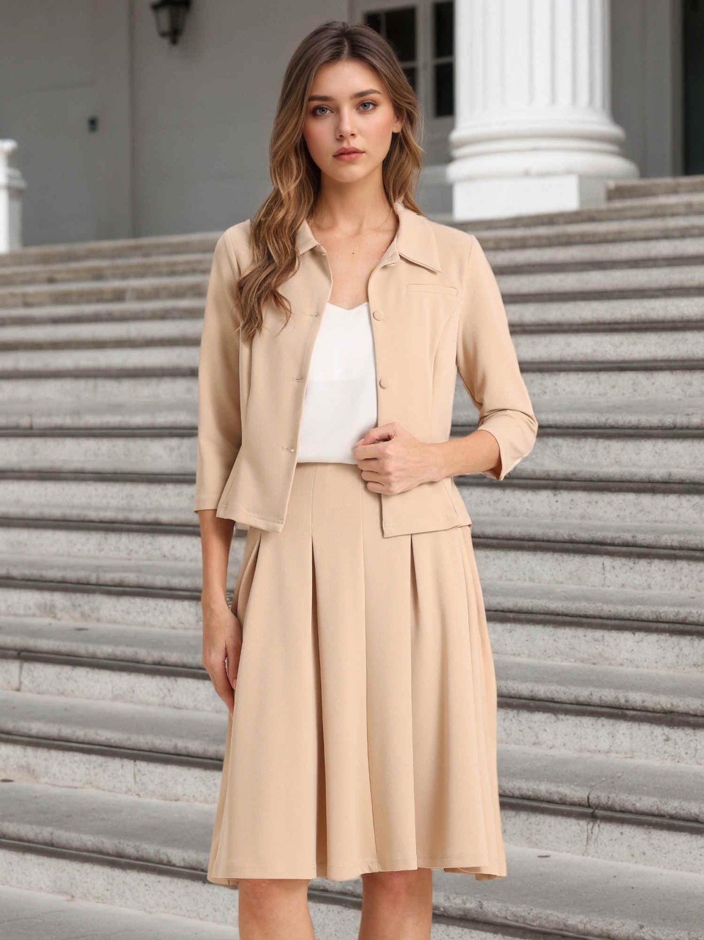 Allegra K Business Skirt Suit Sets for Women's 2 Piece Outfits Office 3/4 Sleeve Blazer Jacket Pleated Skirts