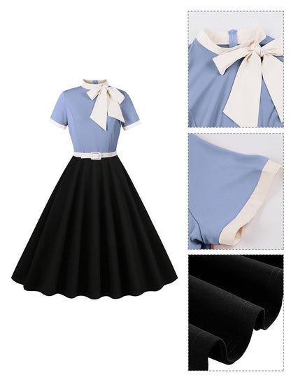 50s Style Dresses for Women Vintage Short Sleeve Tie Neck Swing Dress Midi Prom Dress with Belt