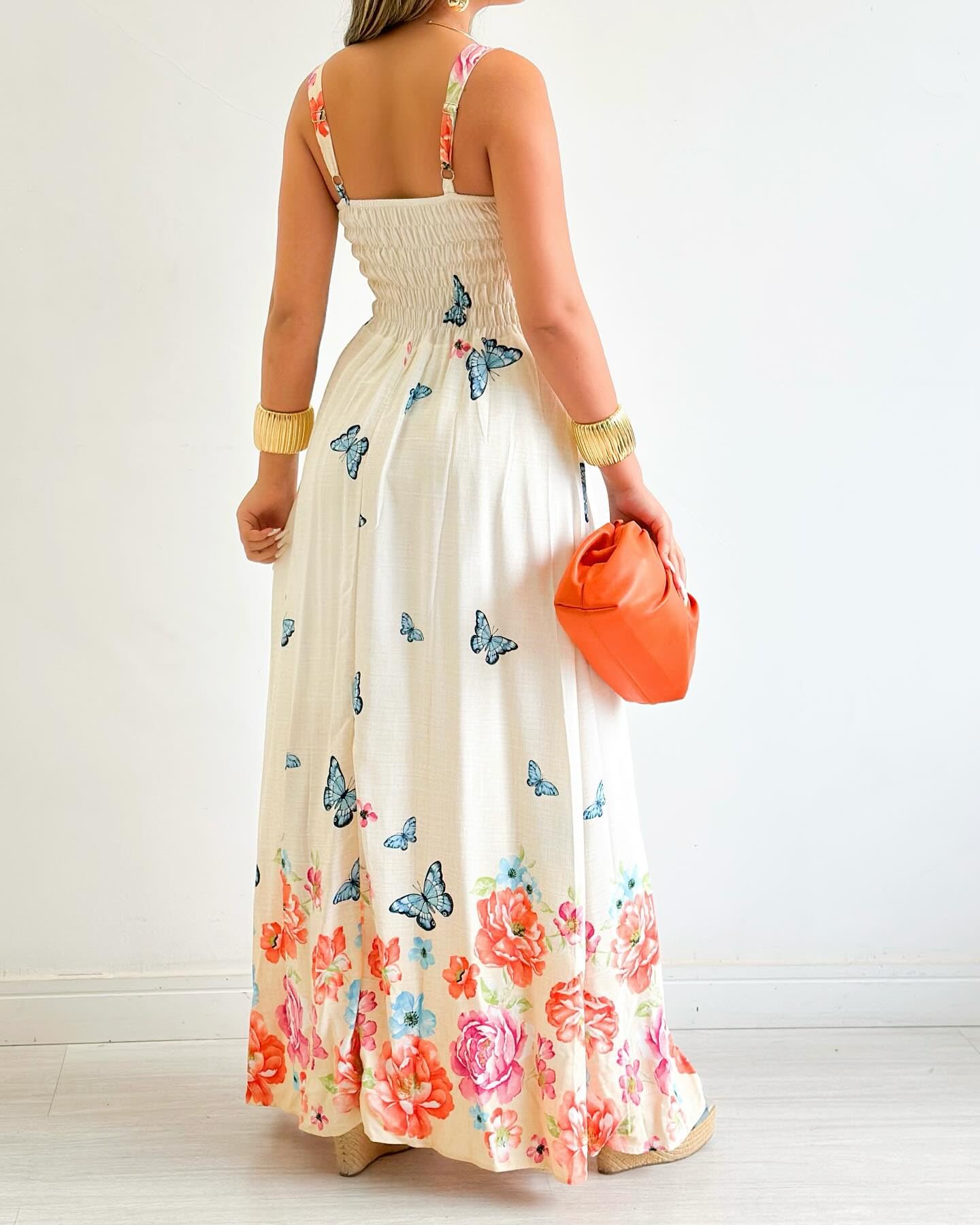 CHICME Women’s Floral Butterfly Print Linen Maxi Dress Quare Neck Strap Shirred Bodice Flowy Boho Summer Beach Dress