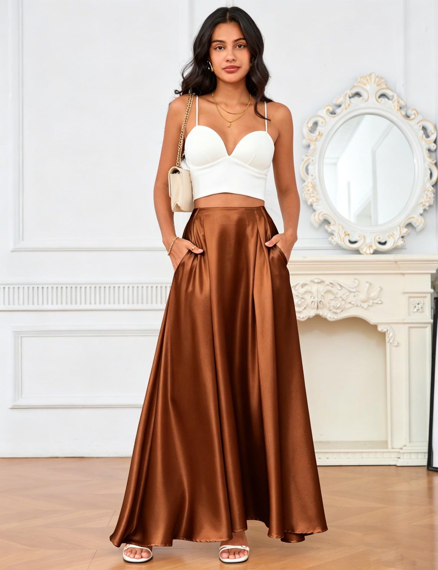MAKABO Maxi Satin Skirts for Womens High Waisted Flowy Long A line Skirt Trendy for Office Holiday Party