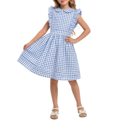 Xaatren Girls' Ruffle Sleeves Dress 5-14 Years Doll Collar Plaid Midi Length Gingham Flutter Pockets Summer Dress with Zipper