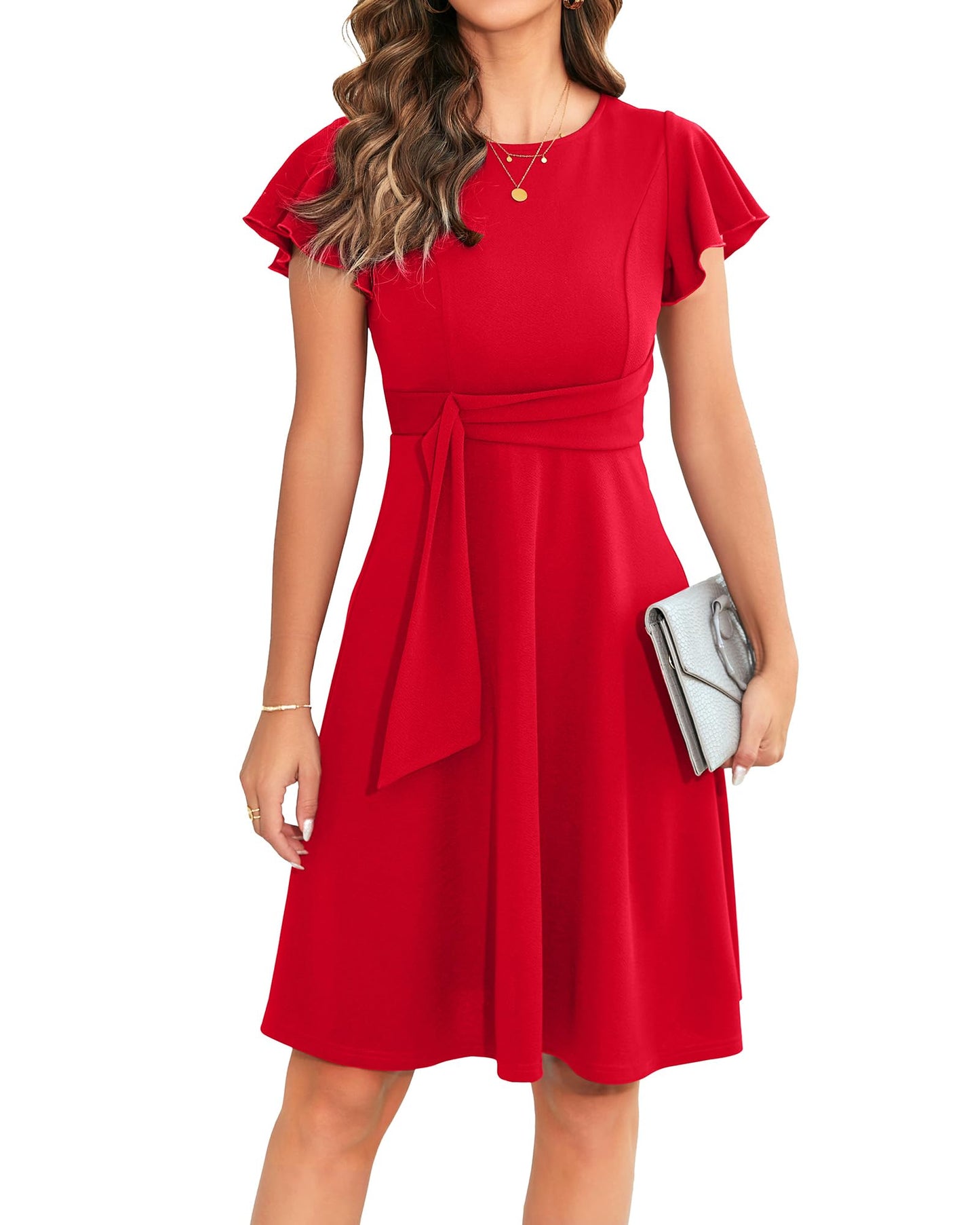 OWIN Womens 2026 Elegant Ruffle Sleeve Flared A Line Swing Casual Party Cocktail Dresses