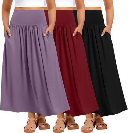 Ficerd 3 Pack Plus Size Maxi Skirts for Curvy Women Pockets Casual 2026 Boho Summer Flowy Long Skirt a Line High Waist Dress