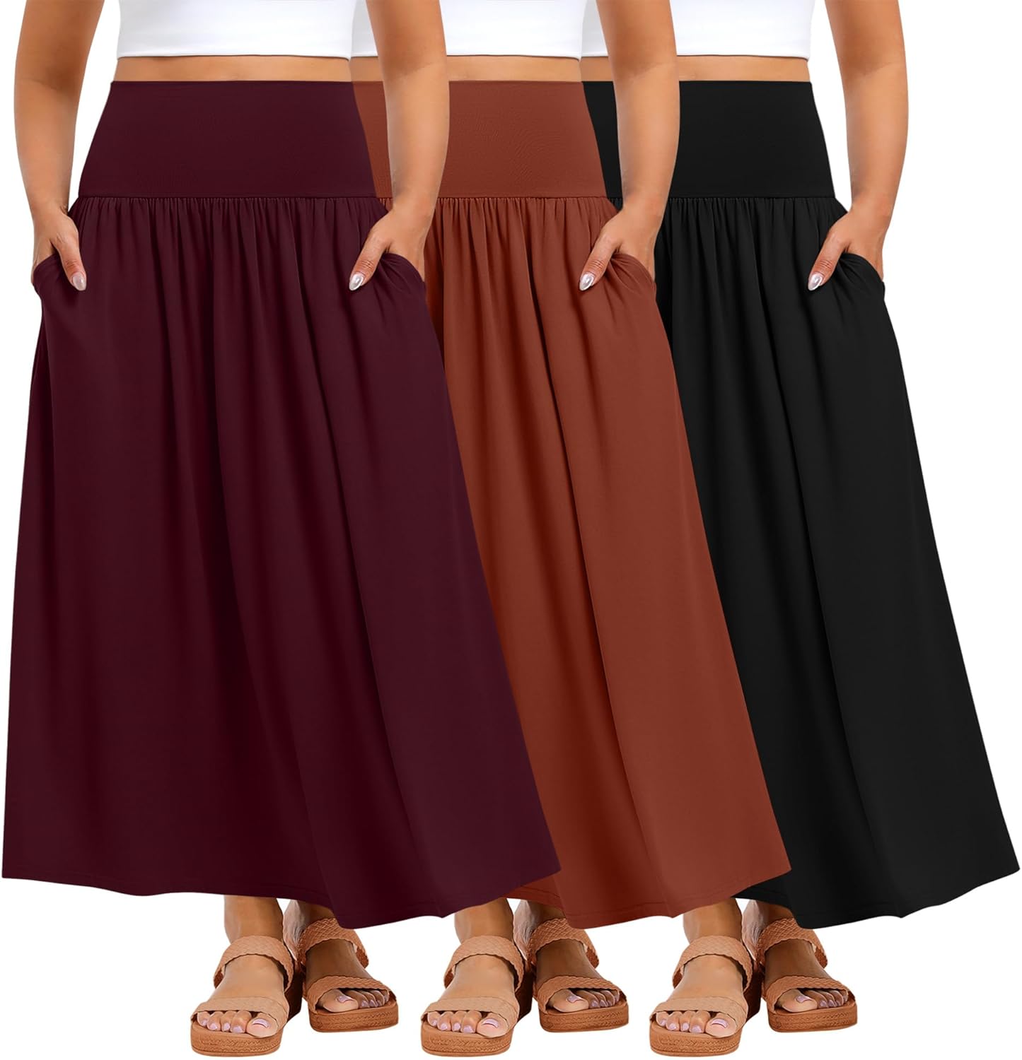 Ficerd 3 Pack Plus Size Maxi Skirts for Curvy Women Pockets Casual 2026 Boho Summer Flowy Long Skirt a Line High Waist Dress