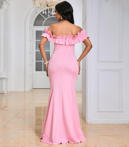 Cololura Sexy Floor-Length Off Shoulder Ruffles Stringy Selvedge Mermaid Bodycon Party Evening Maxi Dress