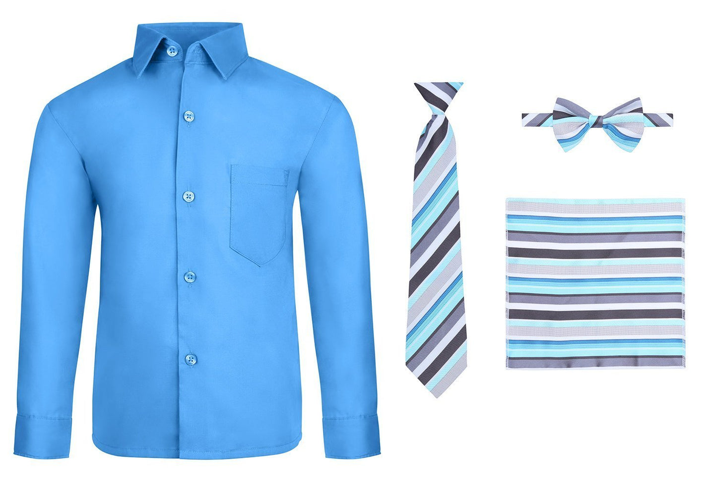 S.H. Churchill & Co. Boy's 4 Piece Dress Shirt Set with Long Tie, Bow Tie and Hanky