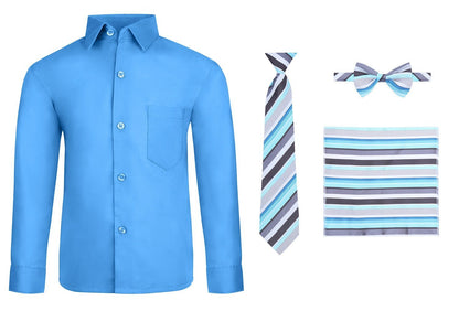 S.H. Churchill & Co. Boy's 4 Piece Dress Shirt Set with Long Tie, Bow Tie and Hanky