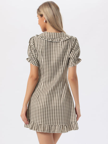 Allegra K Women's Gingham Checks Ruffled Peter Pan Collar Cute Mini Dress