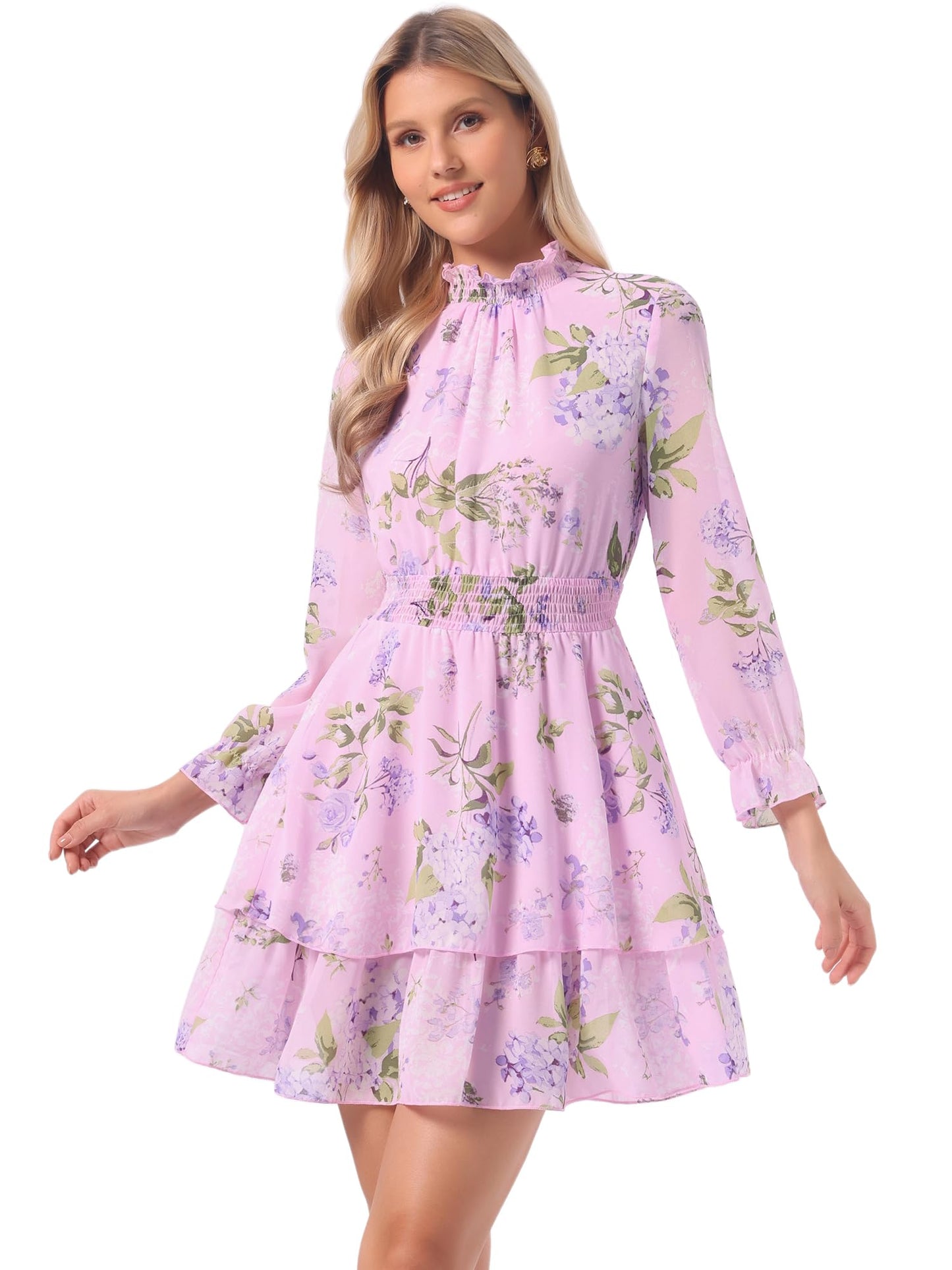 Allegra K Women's Floral Dress Chiffon Long Sleeve Mock Neck Ruffle Layered Smocked Mini Dresses