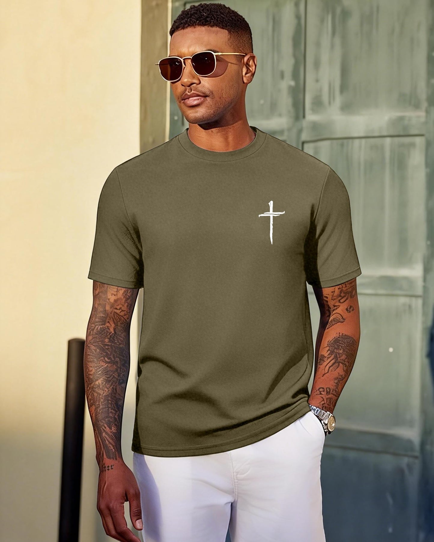 Aiyino Mens Cotton Christian Cross Graphic T Shirt Minimal Faith Casual Crew Neck Tee for Church