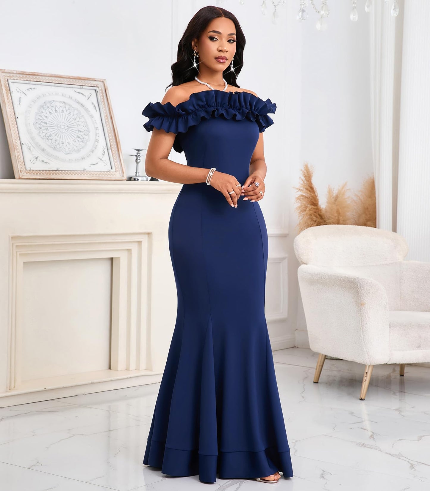 Cololura Sexy Floor-Length Off Shoulder Ruffles Stringy Selvedge Mermaid Bodycon Party Evening Maxi Dress