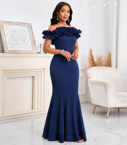 Cololura Sexy Floor-Length Off Shoulder Ruffles Stringy Selvedge Mermaid Bodycon Party Evening Maxi Dress
