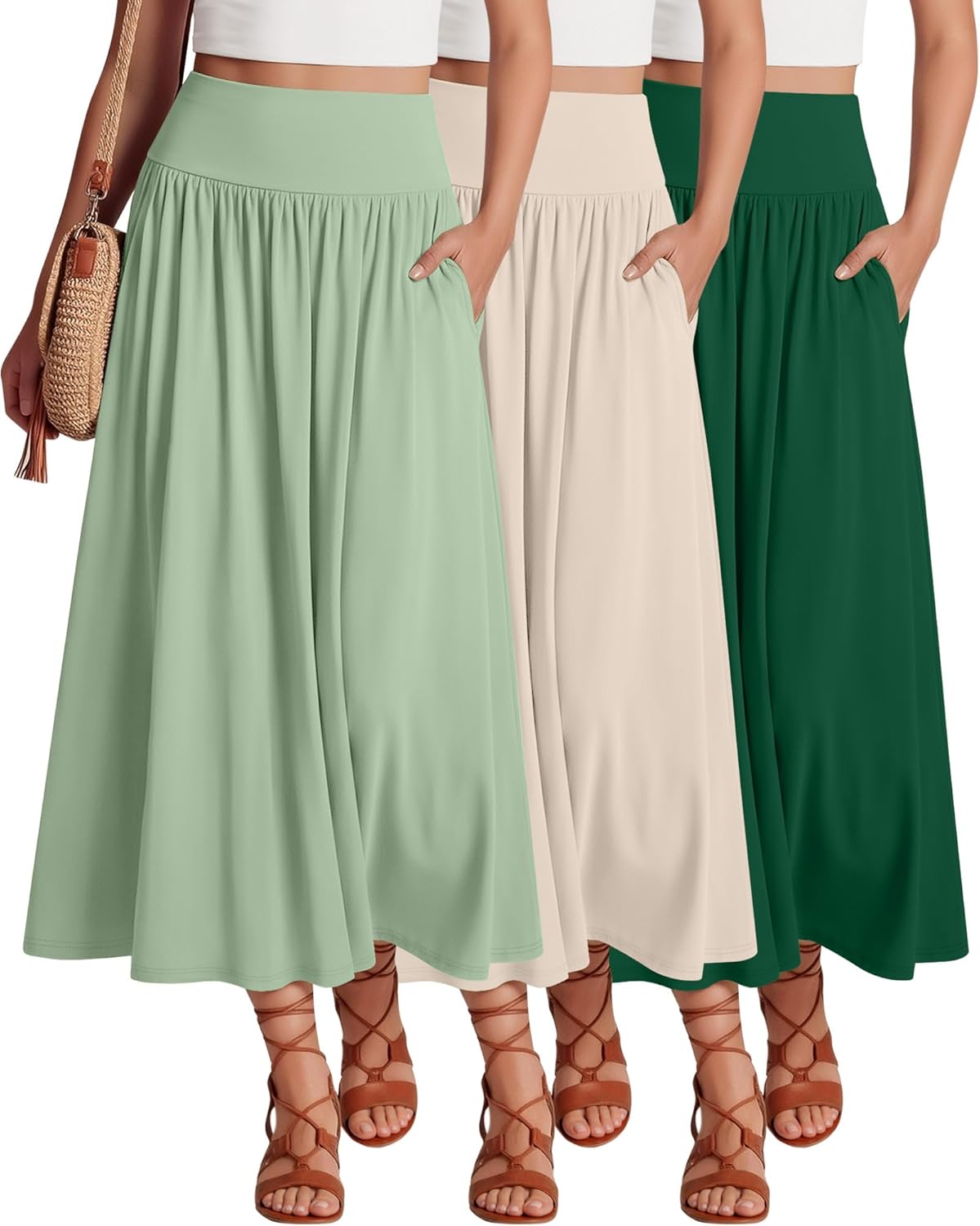 Ficerd 3 Pack Maxi Long Skirts for Women, Ankle Length High Waisted Pleated Flowy a Line Summer Casual Skirts with Pockets