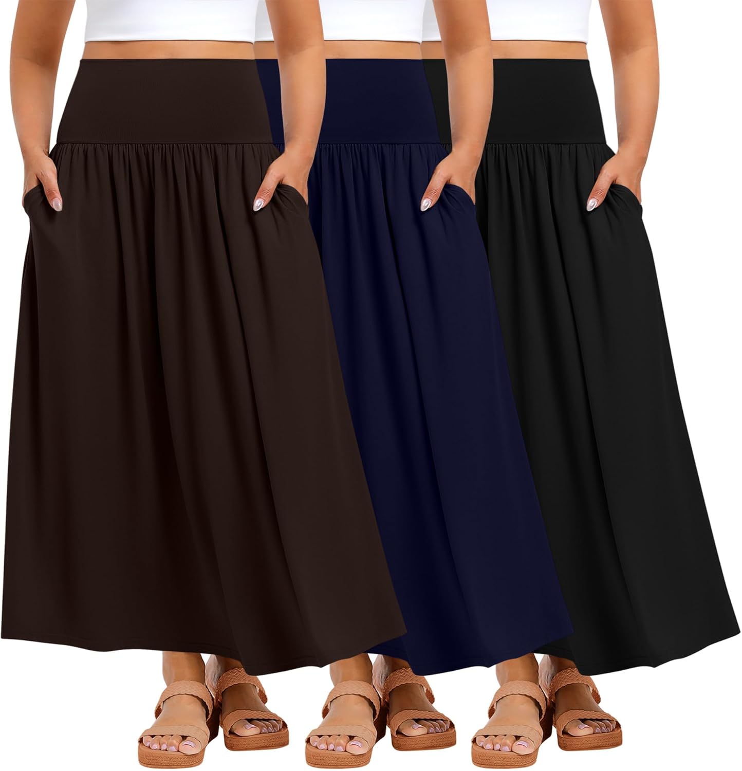Ficerd 3 Pack Plus Size Maxi Skirts for Curvy Women Pockets Casual 2026 Boho Summer Flowy Long Skirt a Line High Waist Dress