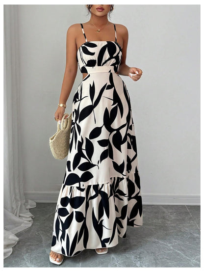 OYOANGLE Women's Cut Out Floral Print Tropical Maxi Cami Dress Ruffle Flowy Summer Vacation Spaghetti Strap Sundress
