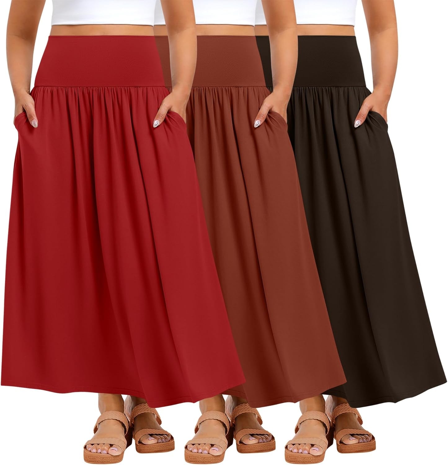 Ficerd 3 Pack Plus Size Maxi Skirts for Curvy Women Pockets Casual 2026 Boho Summer Flowy Long Skirt a Line High Waist Dress