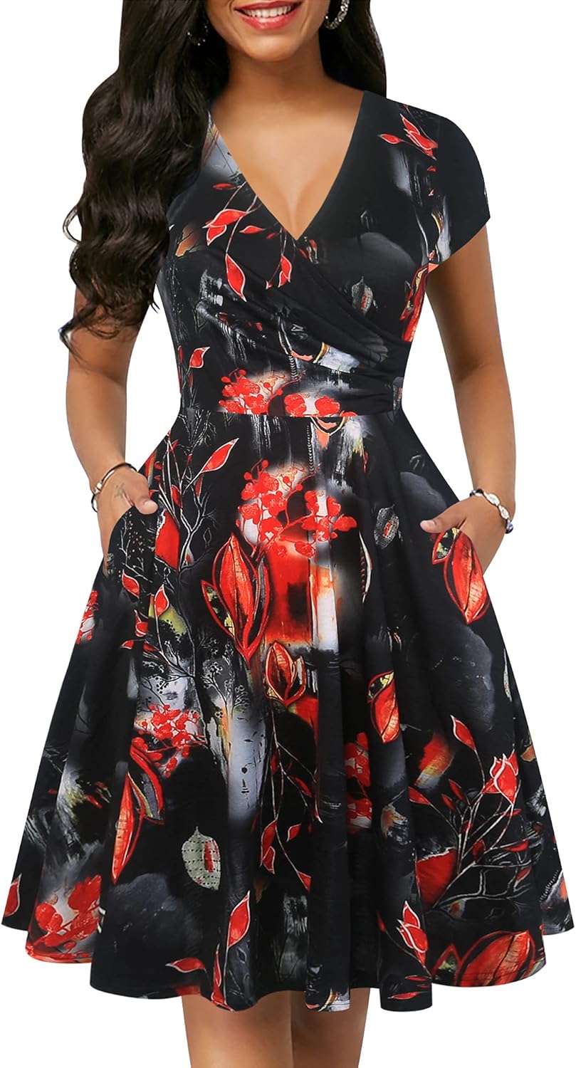 oxiuly Women's Vintage Dot V-Neck Cap Sleeve Casual Pockets Swing Tea Dress OX296