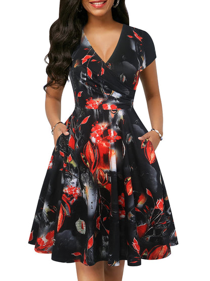 oxiuly Women's Vintage Dot V-Neck Cap Sleeve Casual Pockets Swing Tea Dress OX296