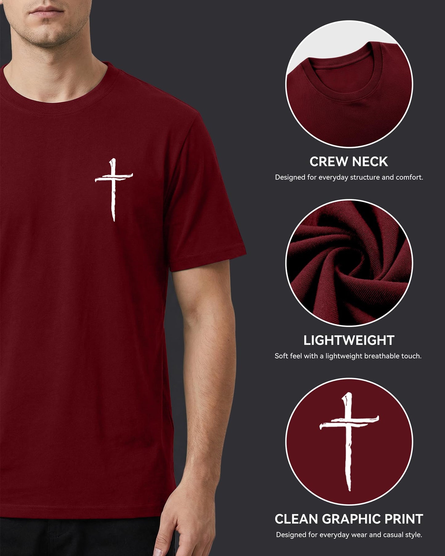 Aiyino Mens Cotton Christian Cross Graphic T Shirt Minimal Faith Casual Crew Neck Tee for Church