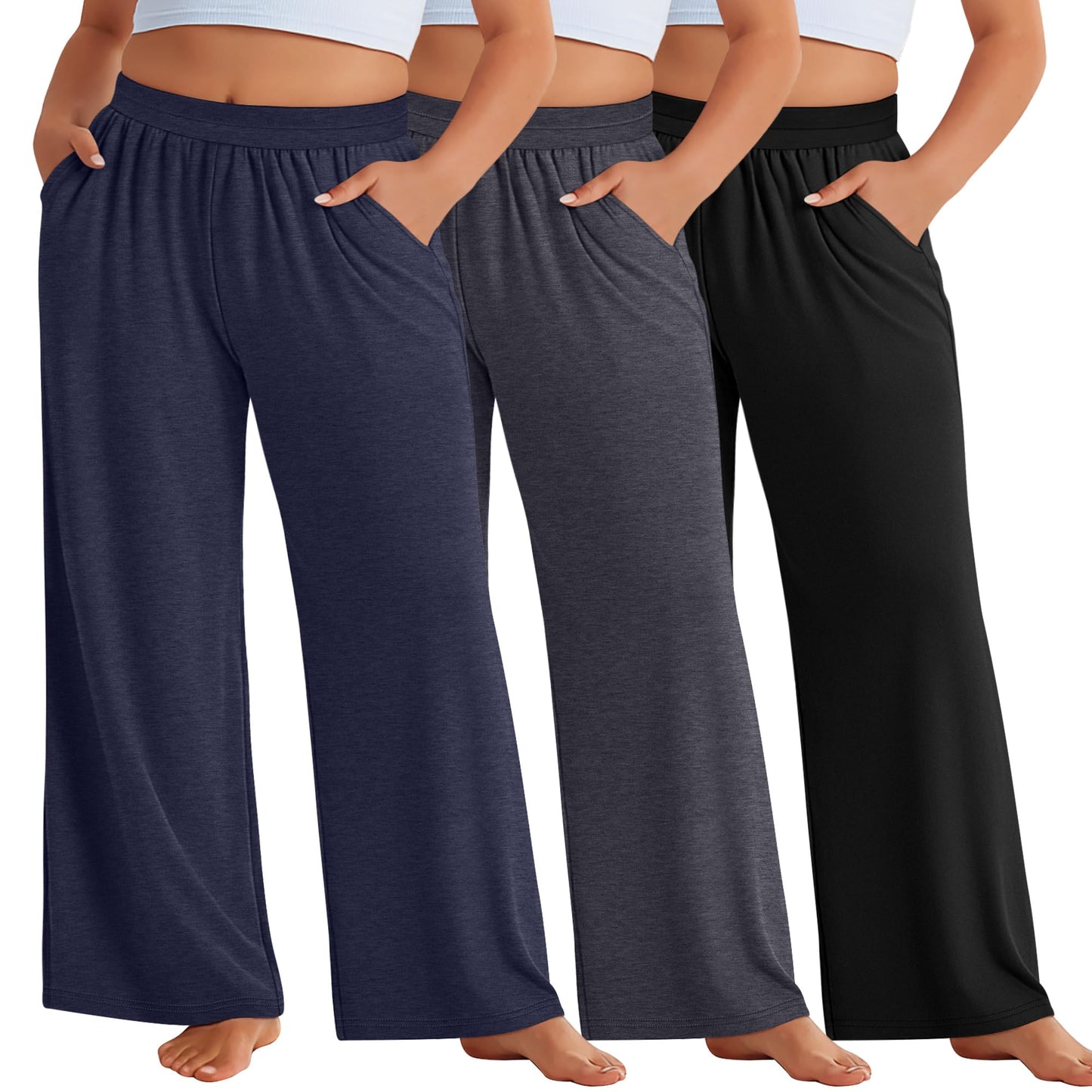 Evervibe 3 Pack Women Plus Size Wide Leg Pants Loose Fit Palazzo Lounge Yoga Sweatpants High Waist Casual Pajamas Pants