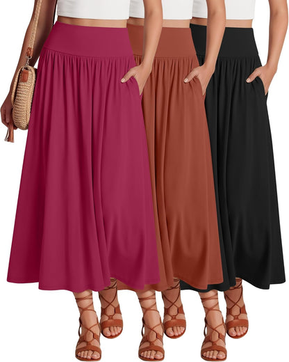 Ficerd 3 Pack Maxi Long Skirts for Women, Ankle Length High Waisted Pleated Flowy a Line Summer Casual Skirts with Pockets