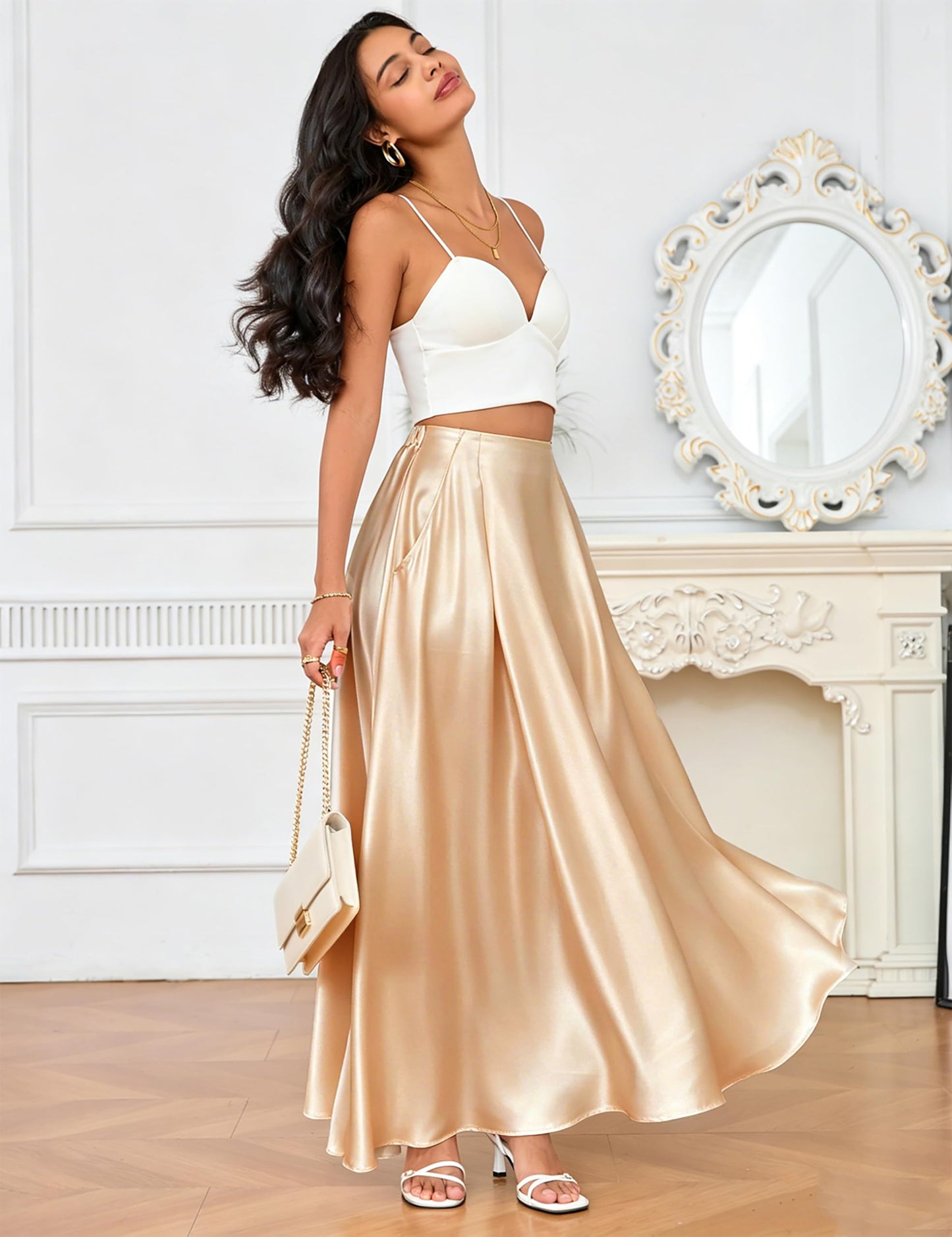 MAKABO Maxi Satin Skirts for Womens High Waisted Flowy Long A line Skirt Trendy for Office Holiday Party