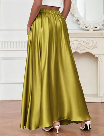 MAKABO Maxi Satin Skirts for Womens High Waisted Flowy Long A line Skirt Trendy for Office Holiday Party