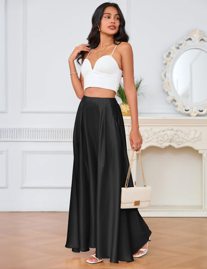 MAKABO Maxi Satin Skirts for Womens High Waisted Flowy Long A line Skirt Trendy for Office Holiday Party