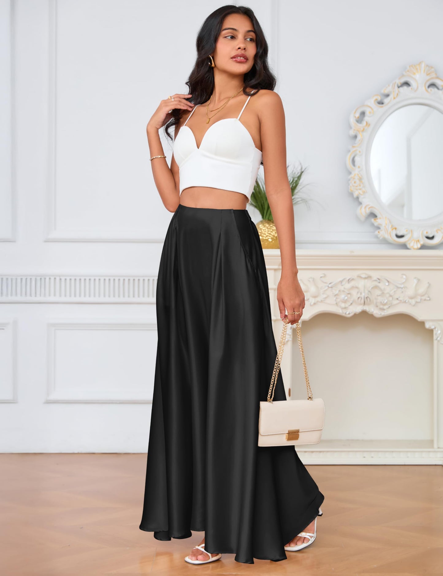 MAKABO Maxi Satin Skirts for Womens High Waisted Flowy Long A line Skirt Trendy for Office Holiday Party