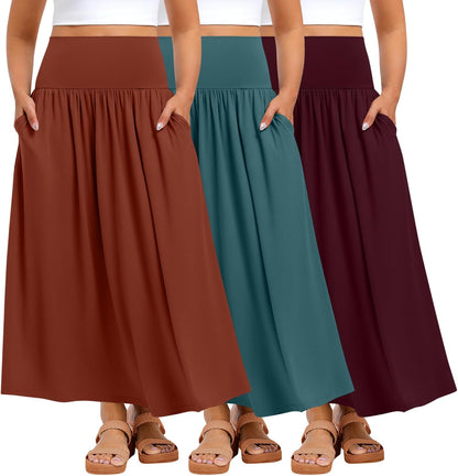 Ficerd 3 Pack Plus Size Maxi Skirts for Curvy Women Pockets Casual 2026 Boho Summer Flowy Long Skirt a Line High Waist Dress