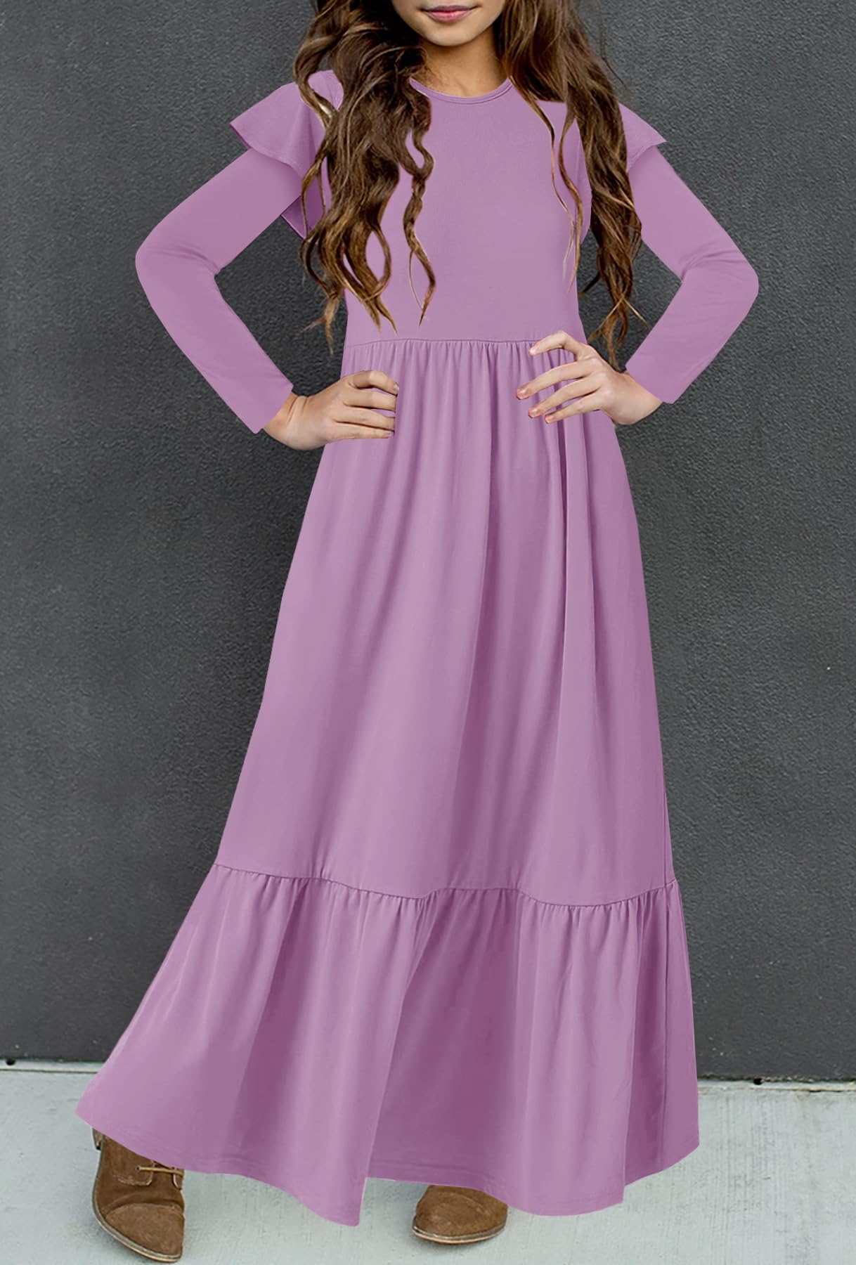 HOSIKA Girls Fall Ruffle Long Sleeve Crew Neck Loose Casual Flowy Tiered Maxi Dress with Pockets for 6-12 Y