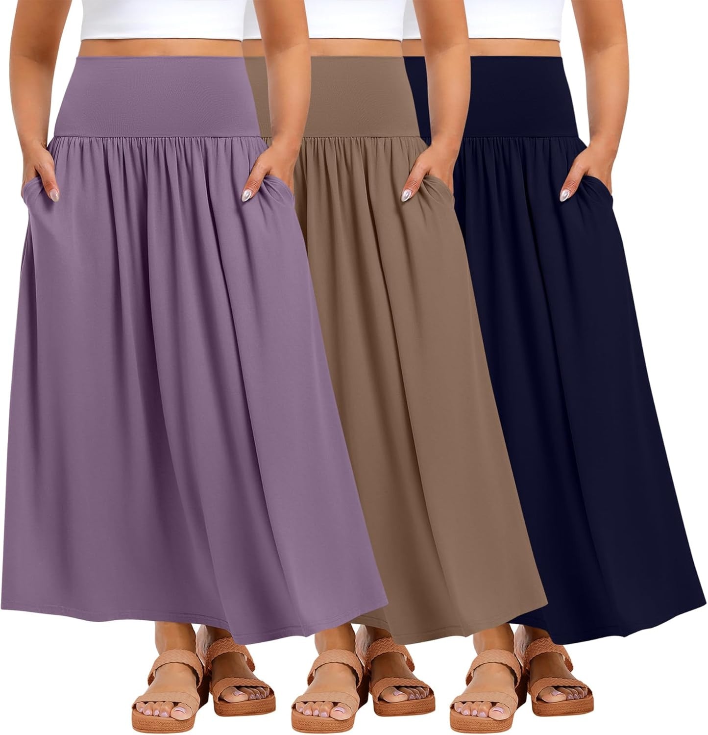 Ficerd 3 Pack Plus Size Maxi Skirts for Curvy Women Pockets Casual 2026 Boho Summer Flowy Long Skirt a Line High Waist Dress