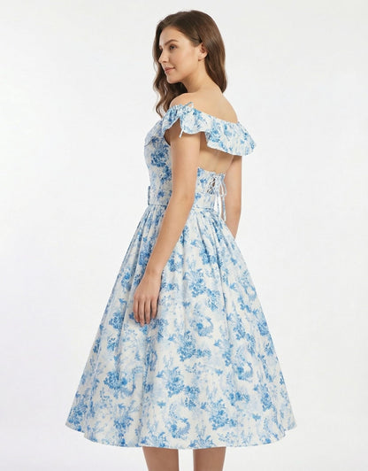 miccostumes Vintage 1950s Floral Print Dress with Adjustable Back & Belt Off-The-Shoulder Regular Sleeves Retro Swing Dress