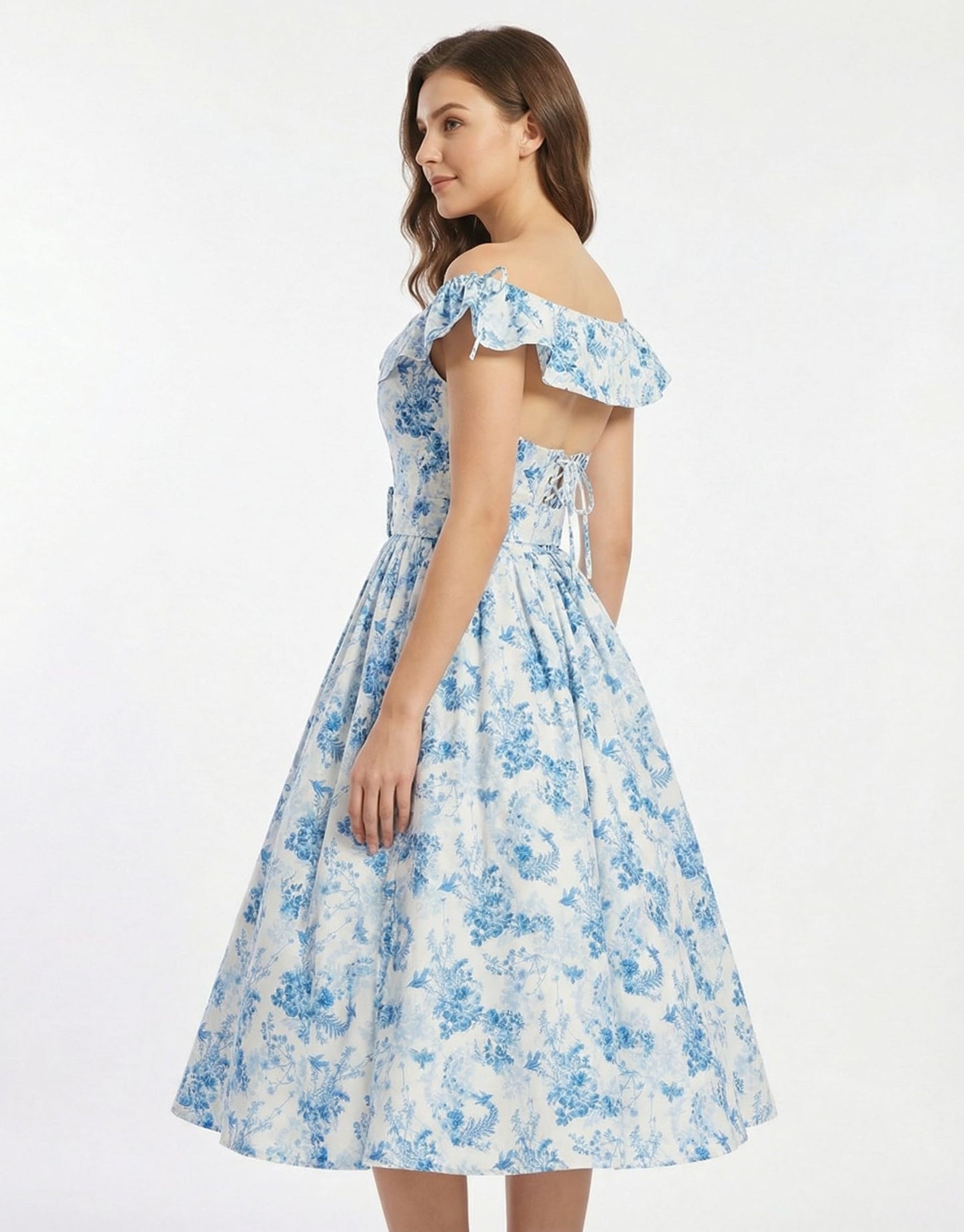 miccostumes Vintage 1950s Floral Print Dress with Adjustable Back & Belt Off-The-Shoulder Regular Sleeves Retro Swing Dress