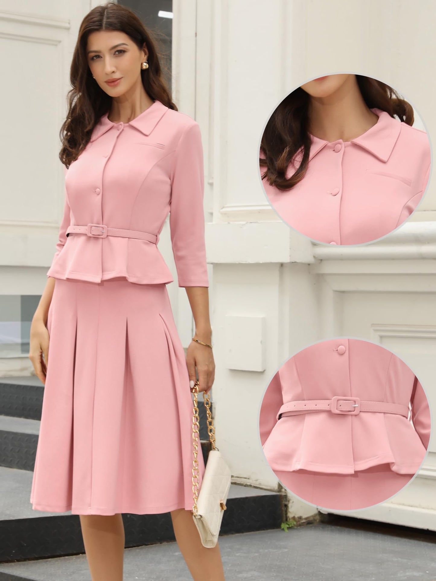 Allegra K Business Skirt Suit Sets for Women's 2 Piece Outfits Office 3/4 Sleeve Blazer Jacket Pleated Skirts