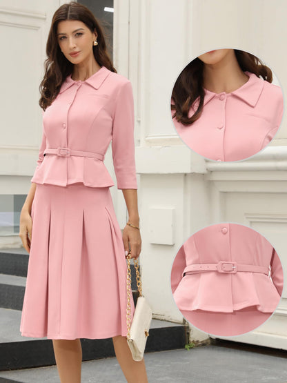 Allegra K Business Skirt Suit Sets for Women's 2 Piece Outfits Office 3/4 Sleeve Blazer Jacket Pleated Skirts