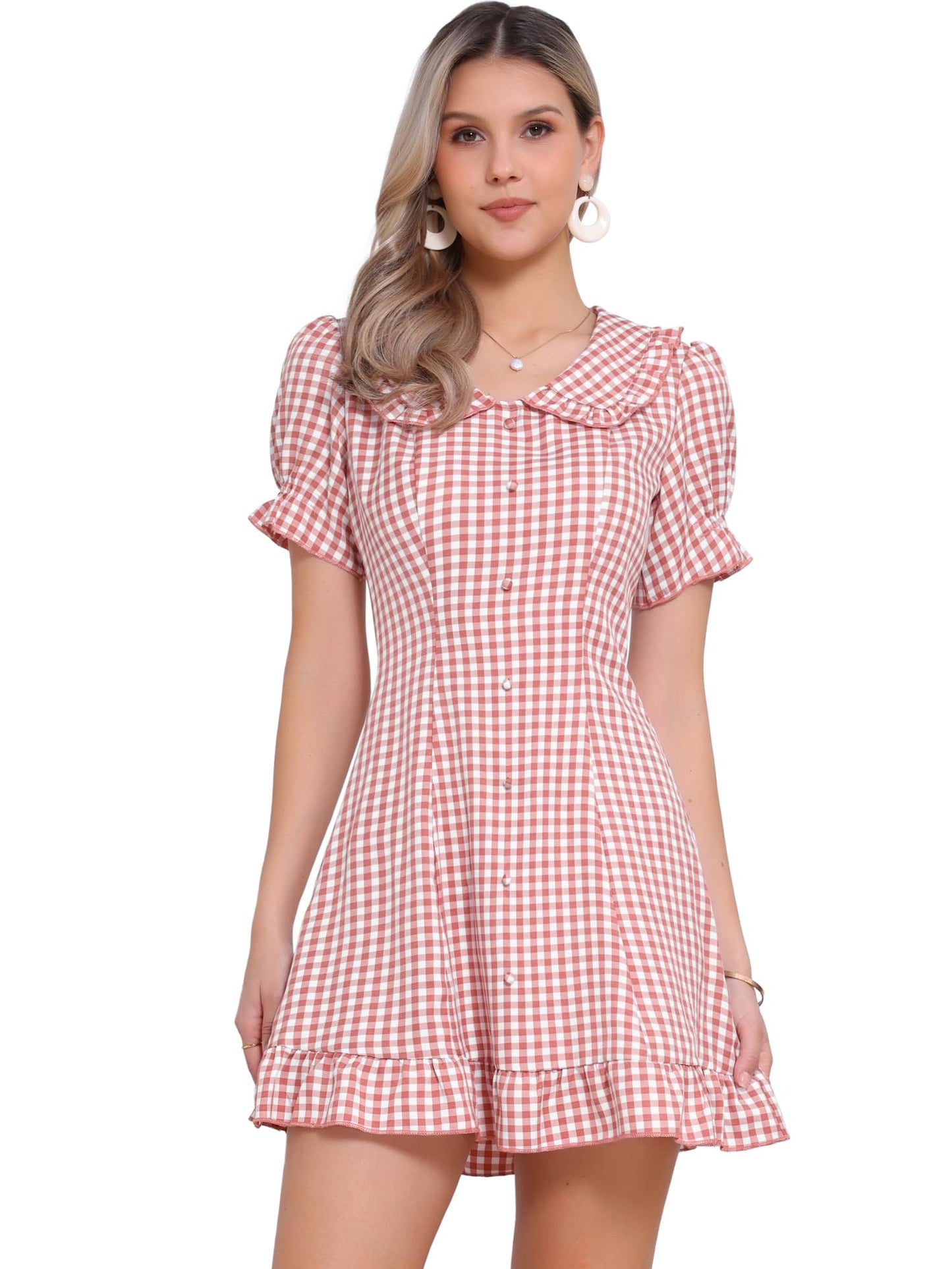 Allegra K Women's Gingham Checks Ruffled Peter Pan Collar Cute Mini Dress