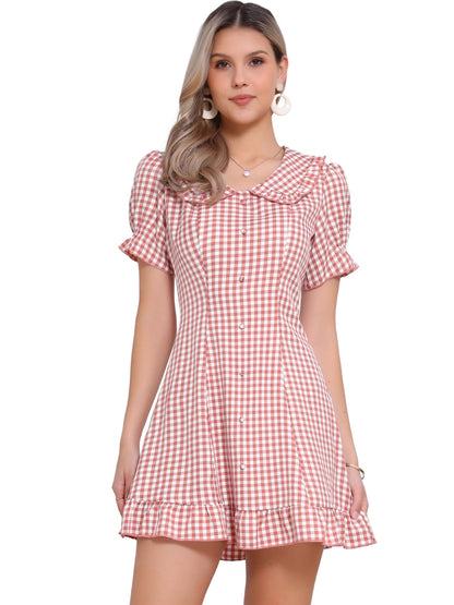 Allegra K Women's Gingham Checks Ruffled Peter Pan Collar Cute Mini Dress