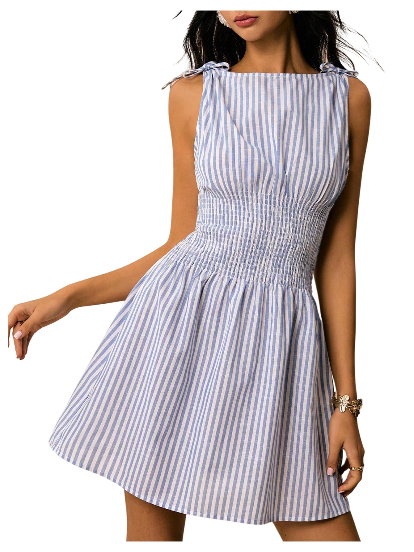 Floerns Women's Tie Shoulder A Line Gingham Dress Boat Neck Mini Checkered Elegant Dresses