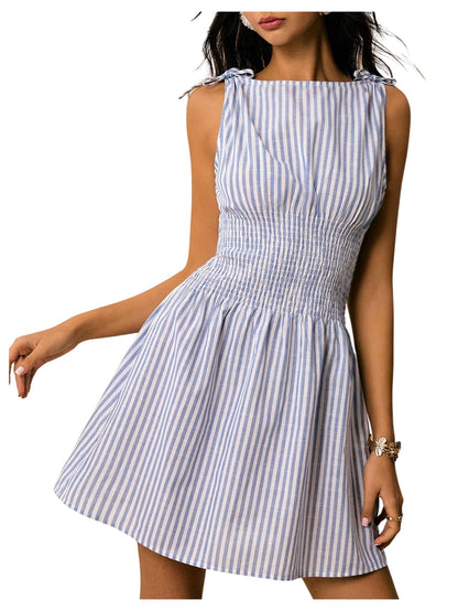 Floerns Women's Tie Shoulder A Line Gingham Dress Boat Neck Mini Checkered Elegant Dresses