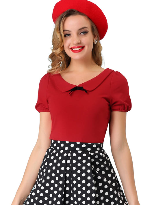 Allegra K Women's Peter Pan Collar Shirt Vintage 1950s Solid Short Sleeve Blouse